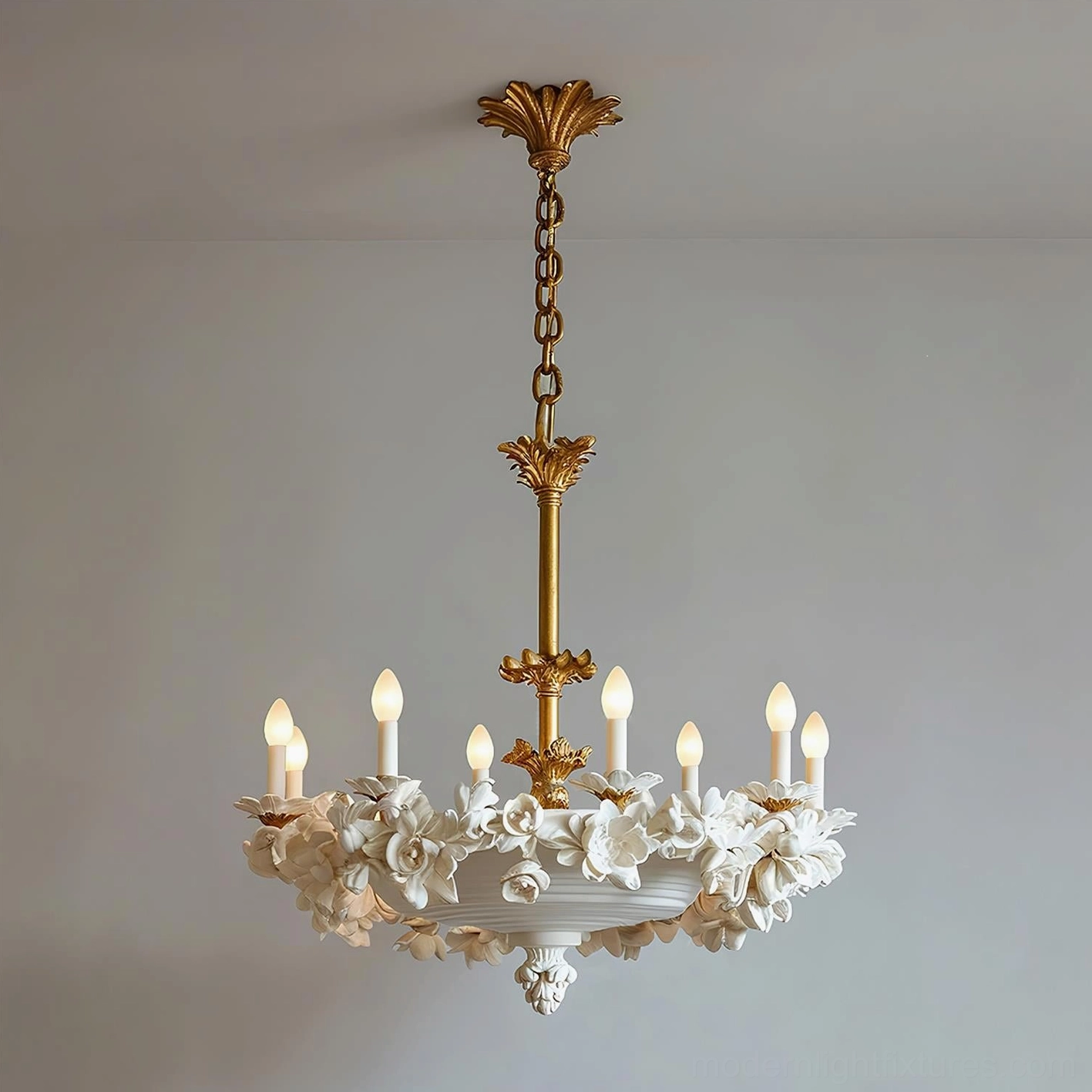 Florentine Petals Chandelier Model C 8-head in elegant bedroom setting