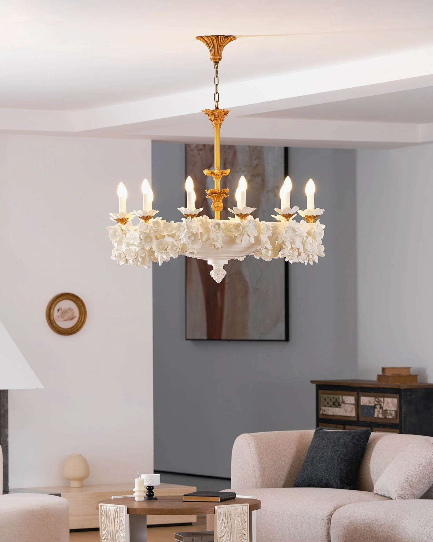 Florentine Petals floral chandelier Model C installed in high-ceiling formal space