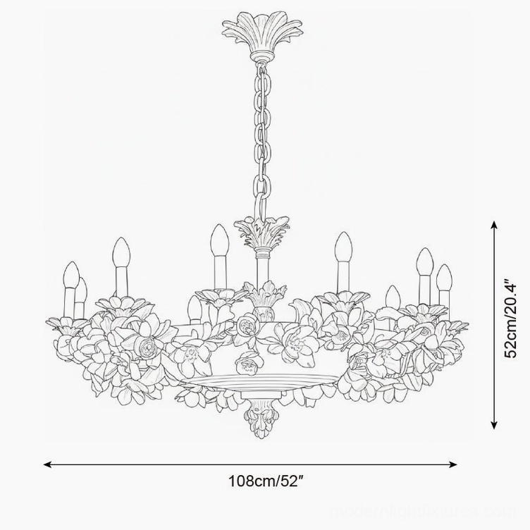 Florentine Petals Chandelier technical drawing - Model C 8-head dimensions