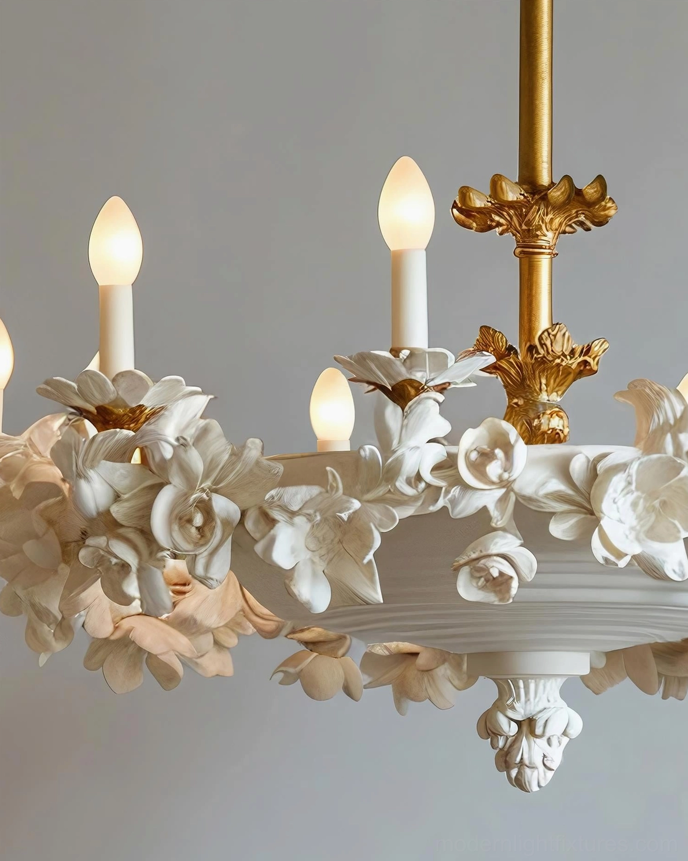 Florentine Petals vintage gold botanical chandelier installation and mounting detail