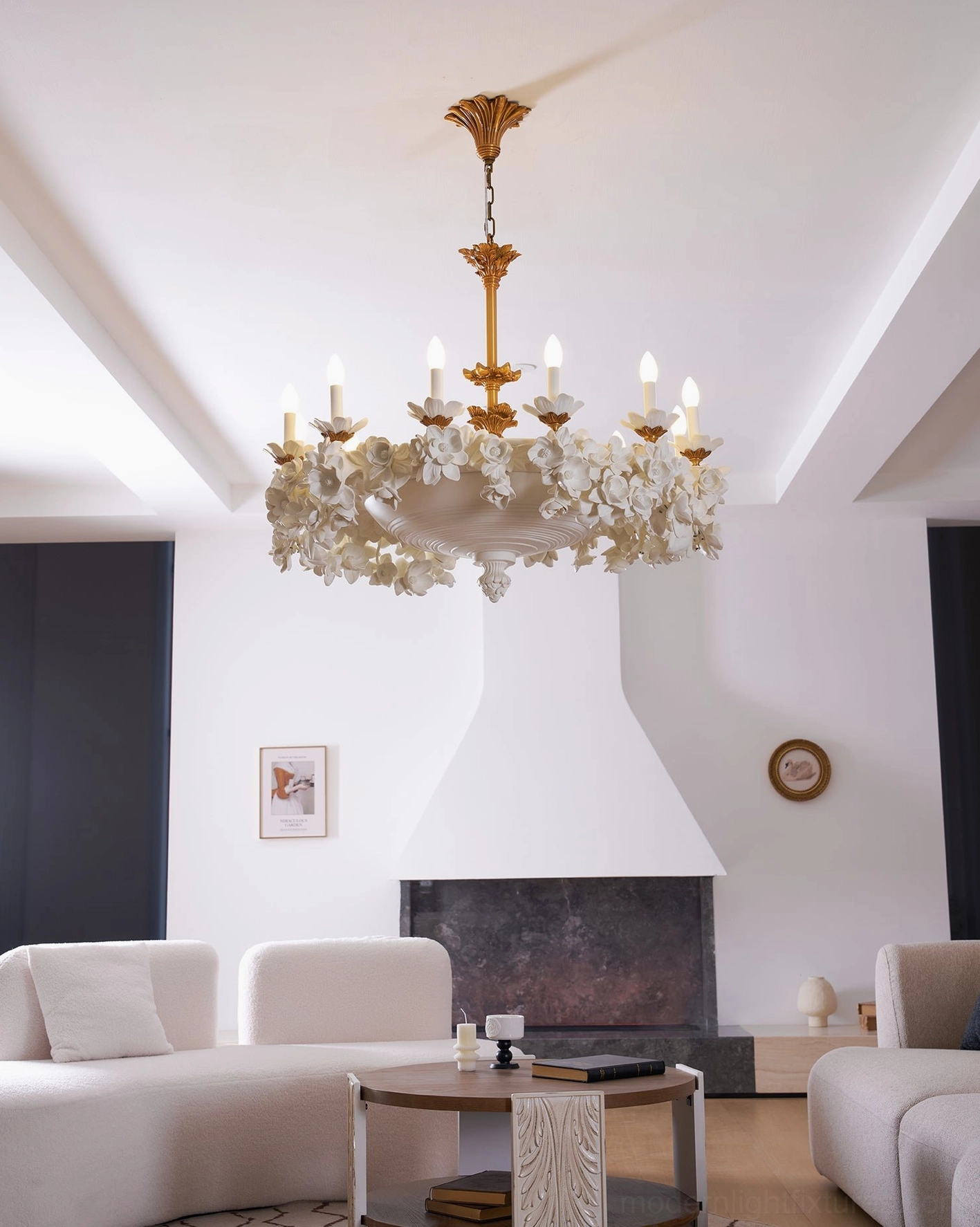 Florentine Petals botanical light fixture showing ornate metal filigree and petal arrangement