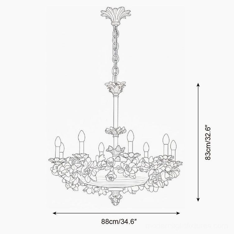 Florentine Petals floral chandelier close-up of resin composite white petals and vintage gold metalwork