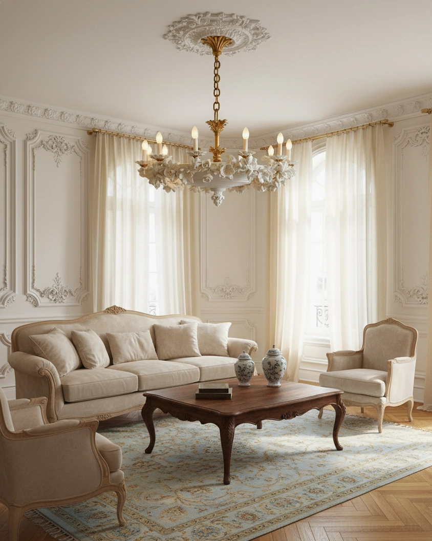 Florentine Petals vintage gold chandelier side profile showing dimensional floral composition