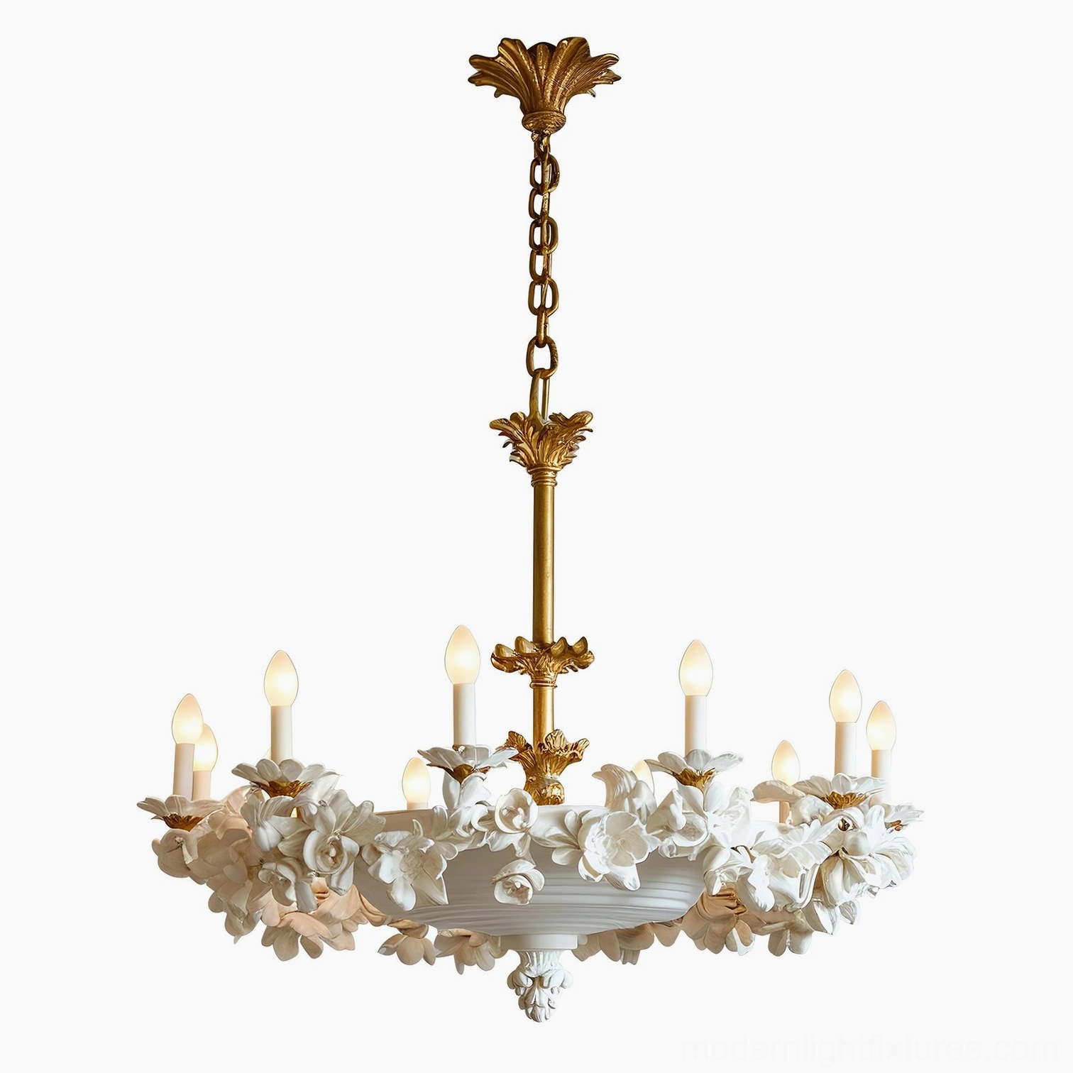 Florentine Petals chandelier underside view showing resin petal construction and finial
