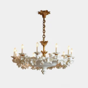 Florentine Petals Chandelier with vintage gold metal frame and hand-finished white floral petals, front studio view