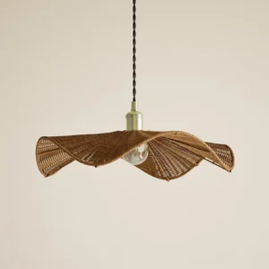 Floressa modern rattan pendant lamp side angle showing organic wave design and exposed bulb with twisted cord
