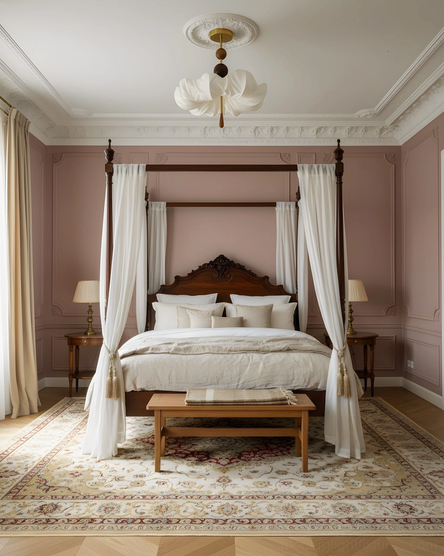 Floretta petal ceiling lamp installed above luxury four-poster bed in retro bedroom design
