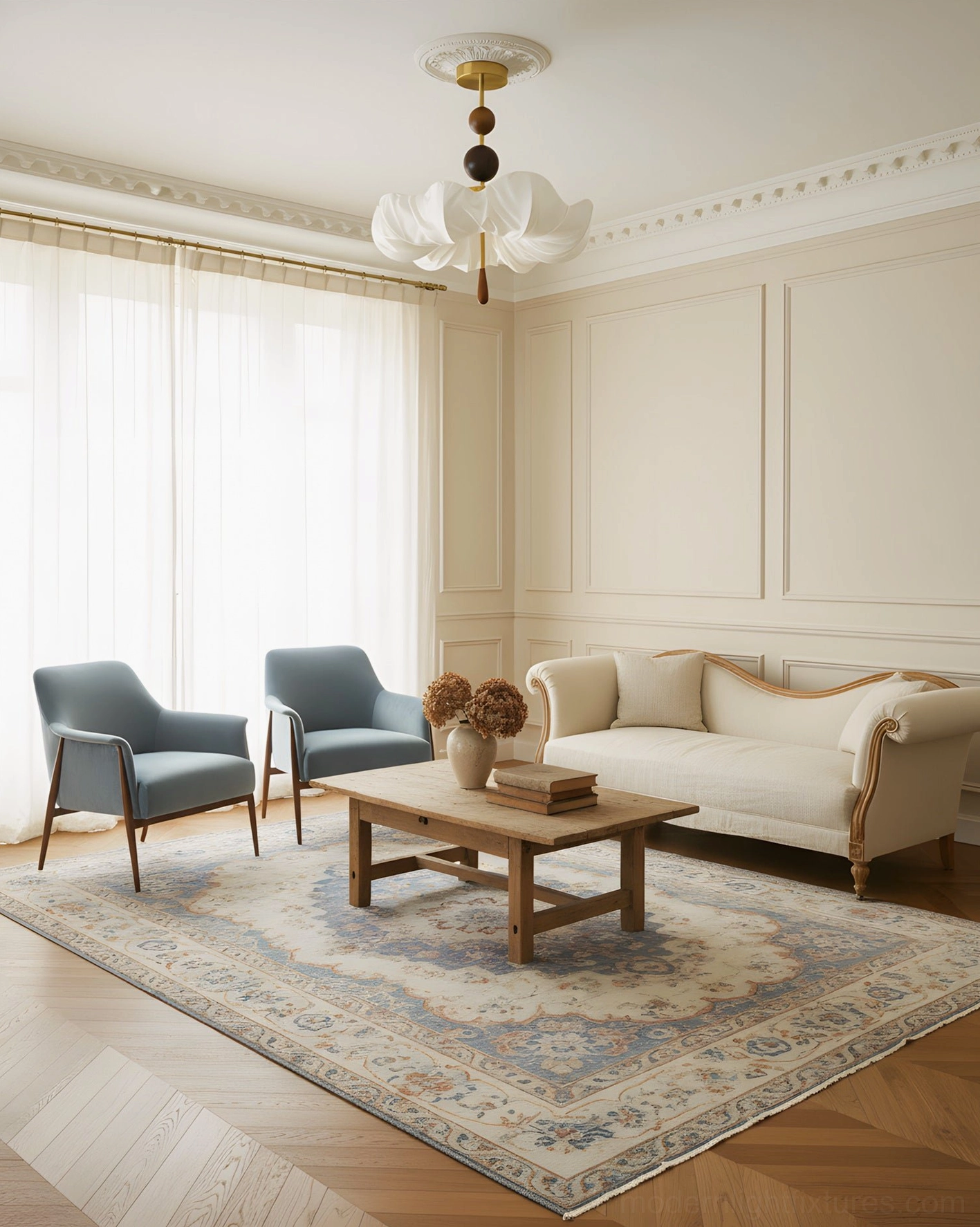 Floretta sculptural ceiling light fixture in French sitting room lounge above coffee table seating area