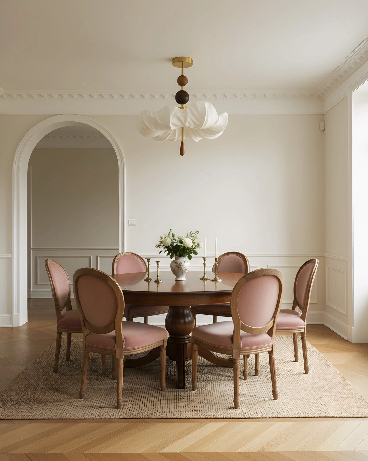 Floretta ceiling lamp creating ambient glow in French-style dining room above wooden dining furniture