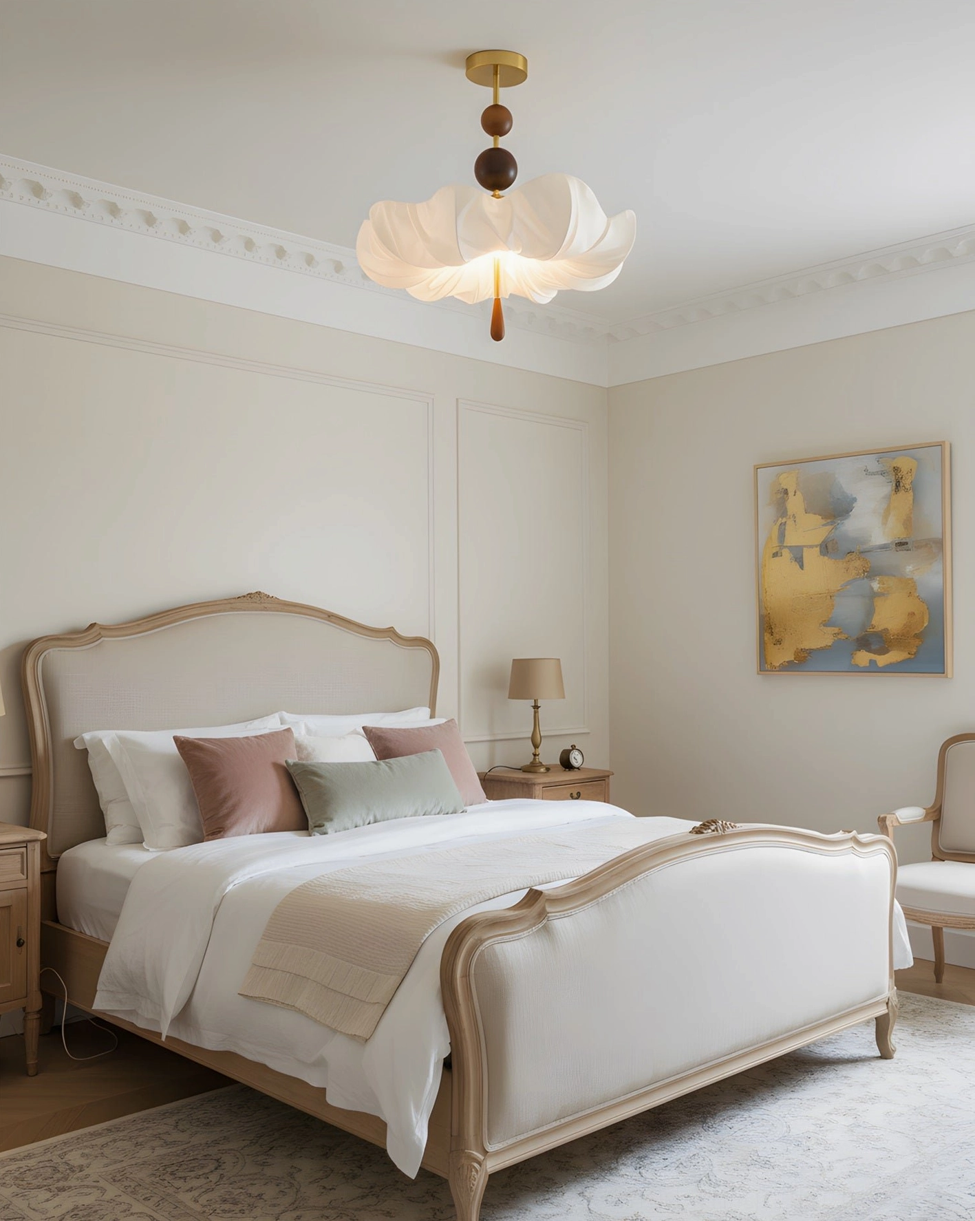 Floretta sculptural ceiling light fixture illuminating French provincial bedroom with vintage pastoral decor
