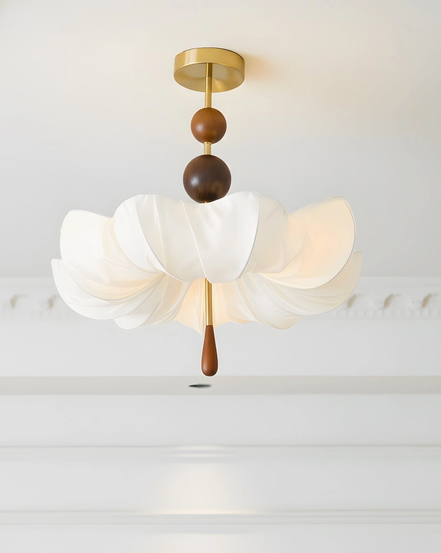 Floretta fabric shade ceiling light fixture close-up showing ruffled petal design and wooden bead construction