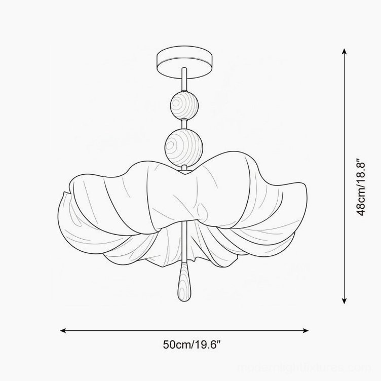 Floretta sculptural ceiling light complete product view featuring billowing fabric shade with brass and wood elements