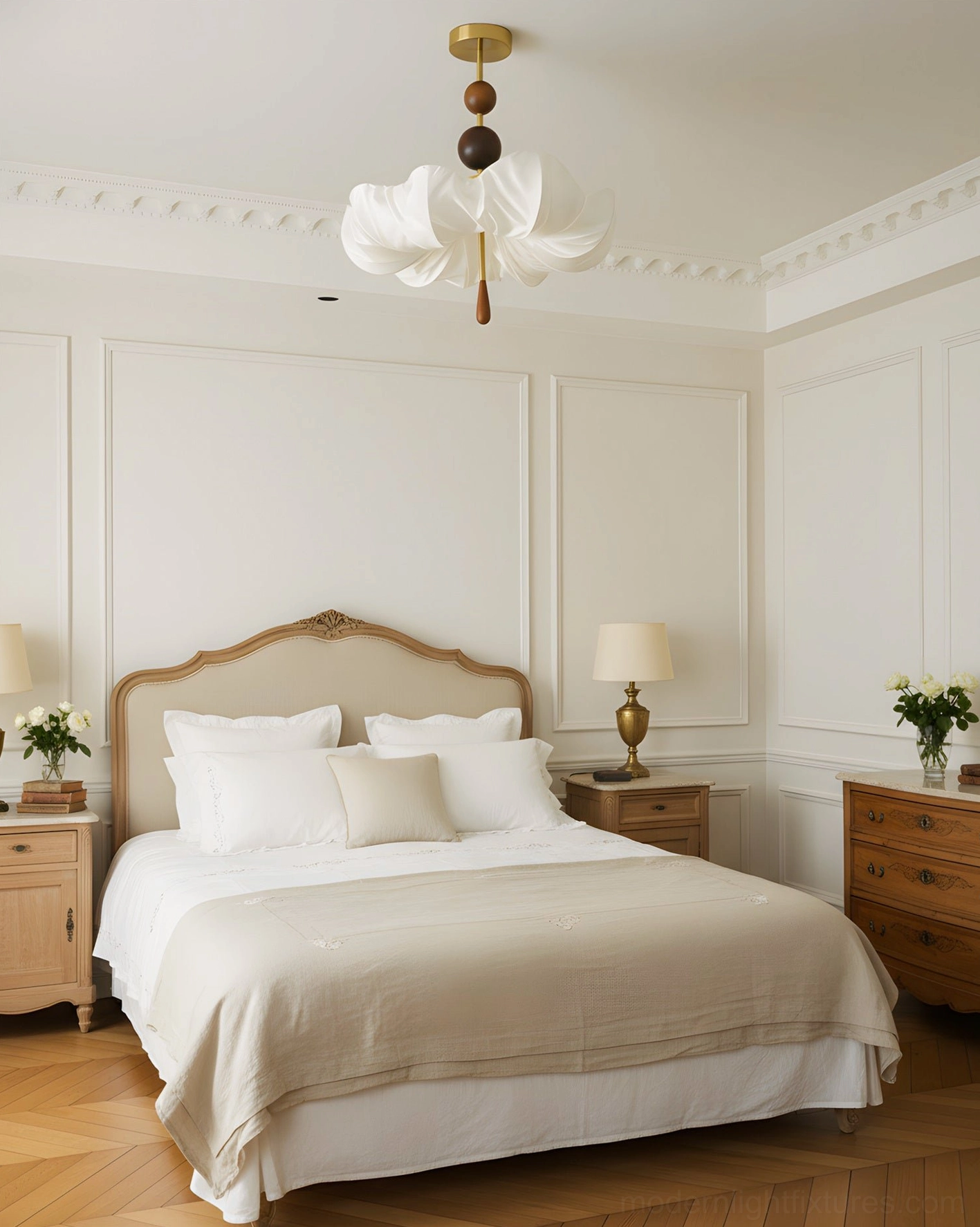 Floretta fabric shade ceiling lamp material details showing brass hardware and wooden sphere construction