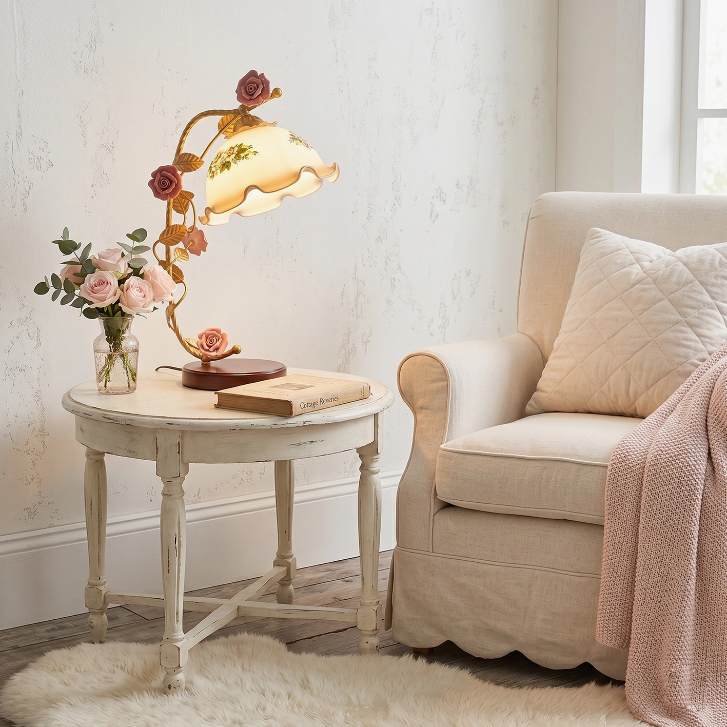 Florielle rose table lamp in black gold and cognac color combination, sophisticated metal frame construction