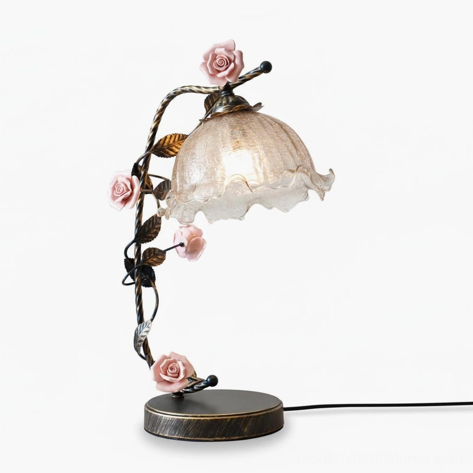 Florielle table lamp black gold and cognac variant, decorative porcelain rose lighting fixture