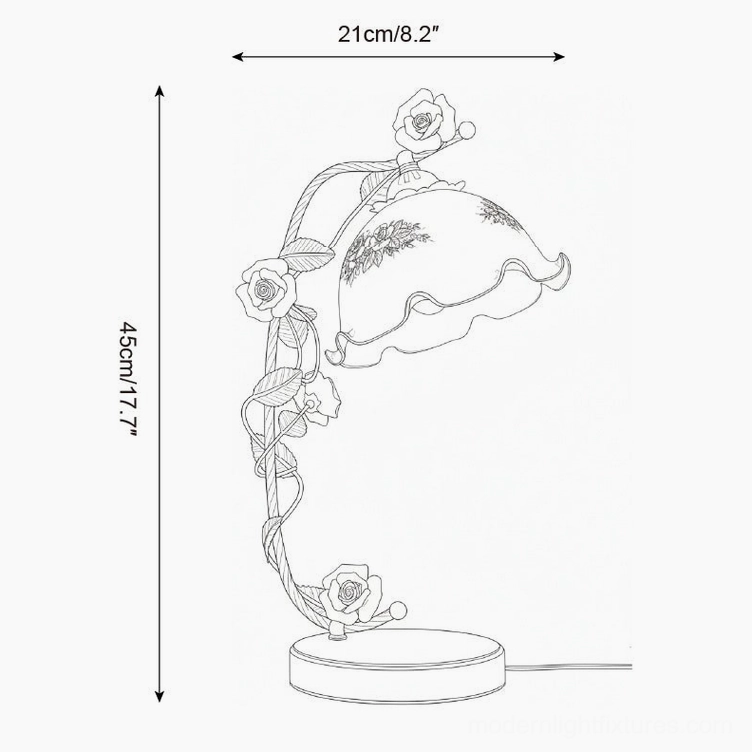 Florielle floral lampshade table lamp design schematic with dimensions, technical drawing on white background