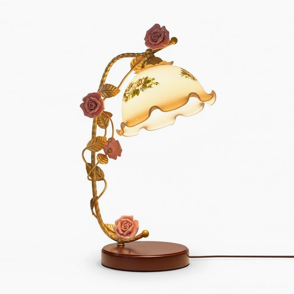 Florielle rose table lamp gold and white color option, elegant antique gold frame with cream flowers