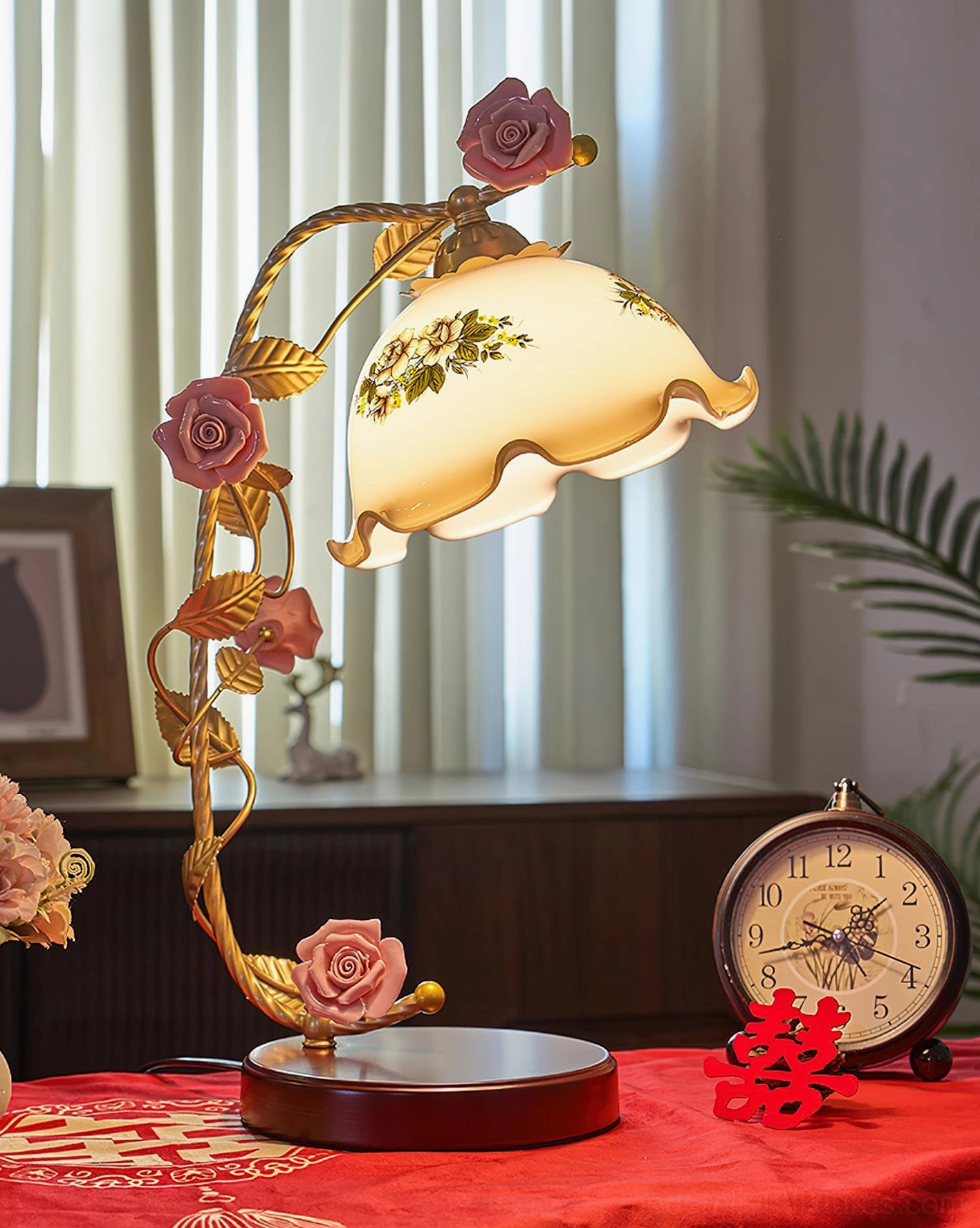 Romantic Florielle table lamp with floral printed shade on wedding-themed side table with red double-happiness decor