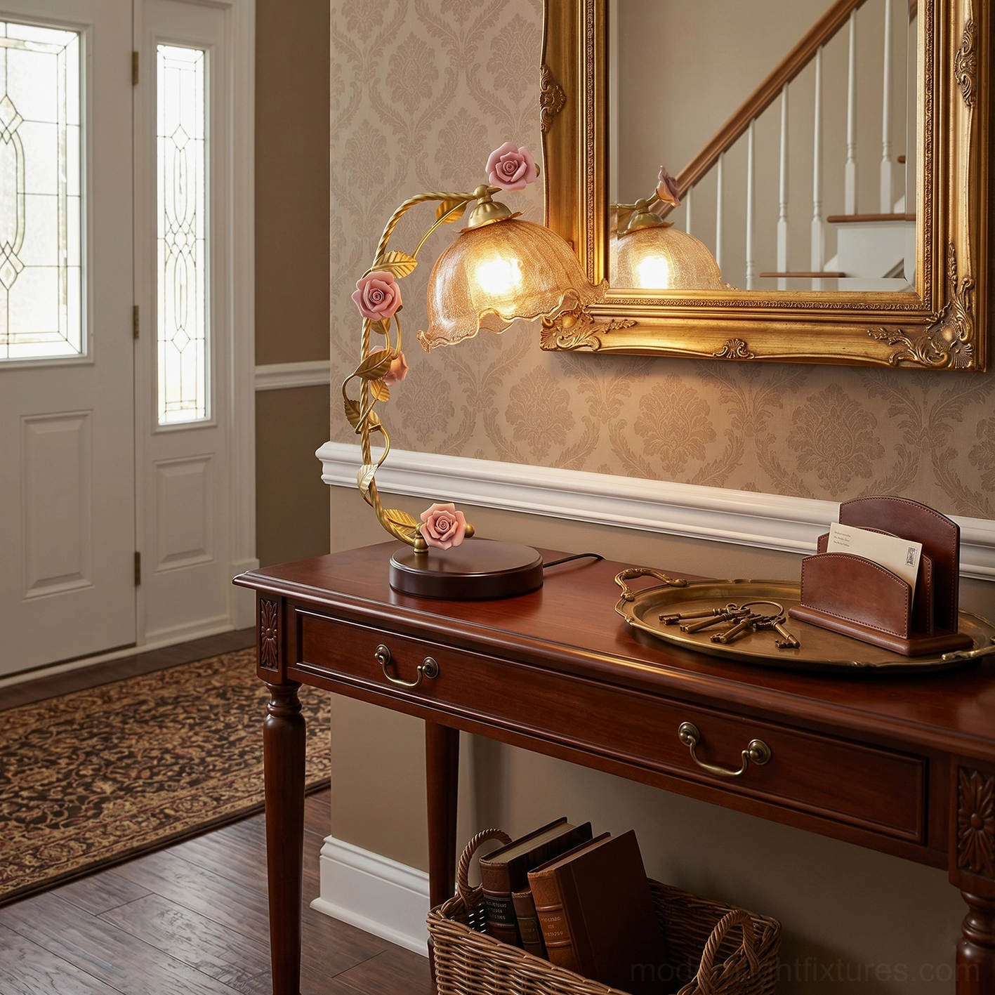 Florielle table lamp base and wooden foundation detail, showing curved metal stem construction