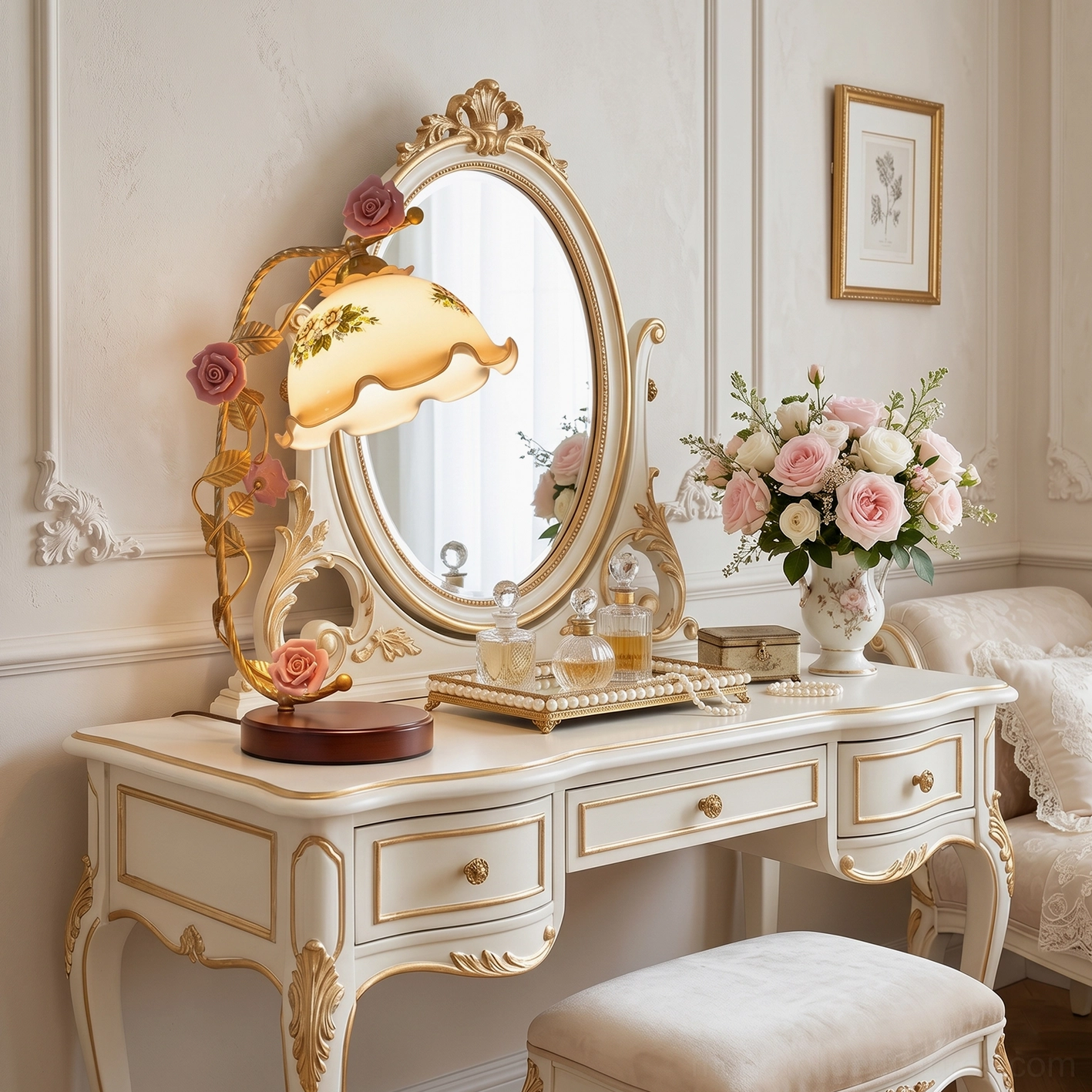 Florielle decorative table lamp with hand-sculpted porcelain roses and antique gold accents, three-quarter front angle