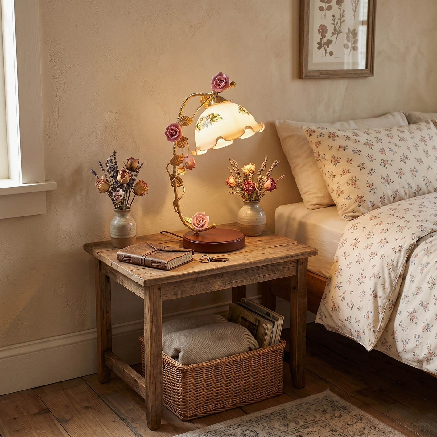 Florielle porcelain rose table lamp antique gold edition with cream white flowers, decorative lighting fixture closeup