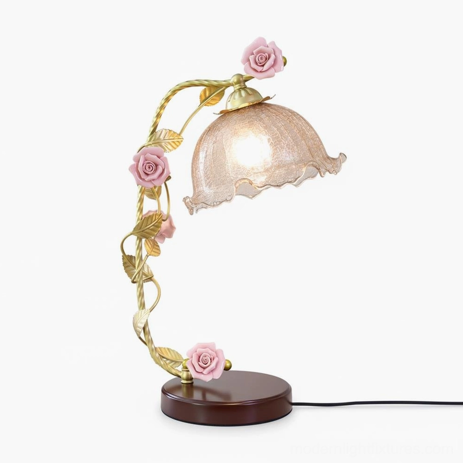 Florielle table lamp gold and cognac warm color palette, antique brass metal frame with porcelain roses