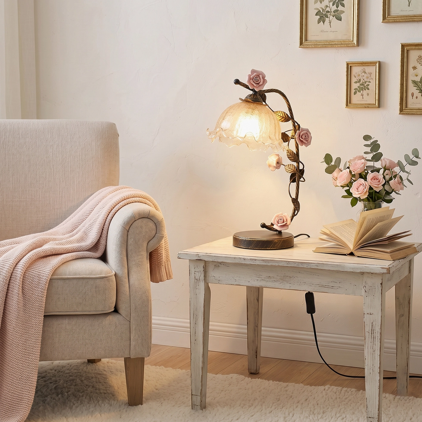 Retro Florielle table lamp displayed on white wooden side table in living room with armchair and flower decor