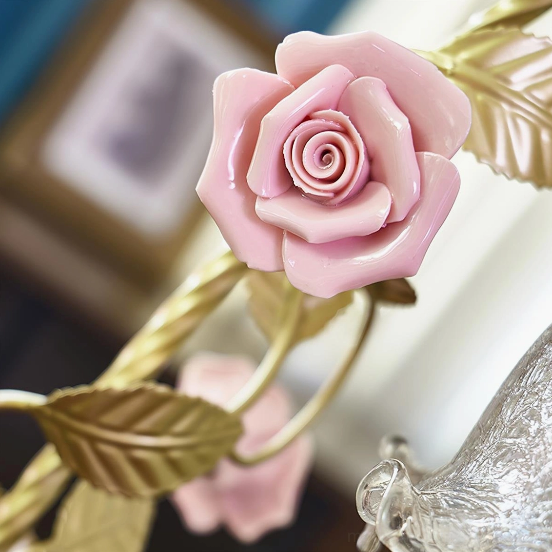 Florielle porcelain rose lamp showcasing floral printed shade variant with size comparison measurement reference