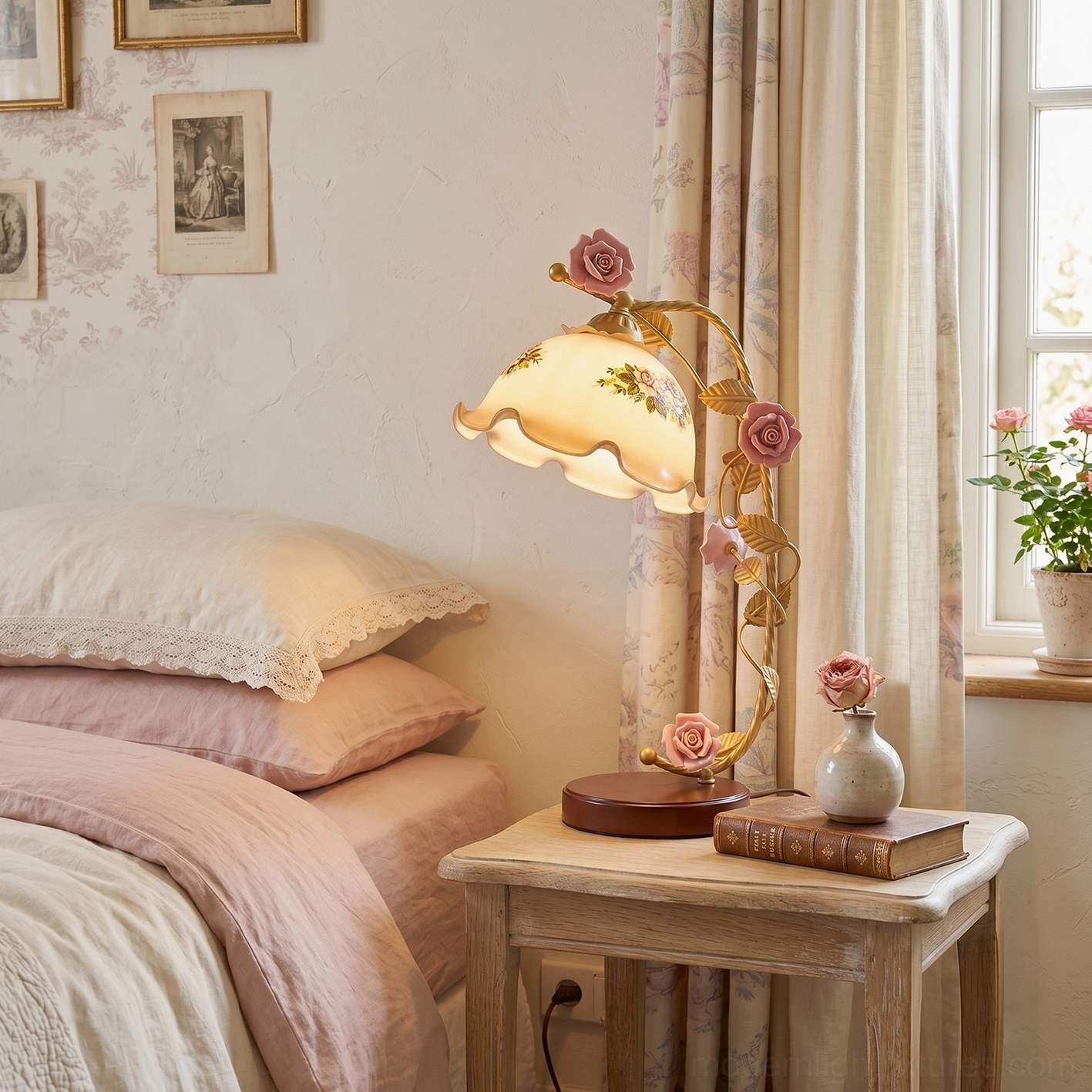 Romantic Florielle bedroom table lamp on wooden base placed beside pink bedding and desktop décor accessories