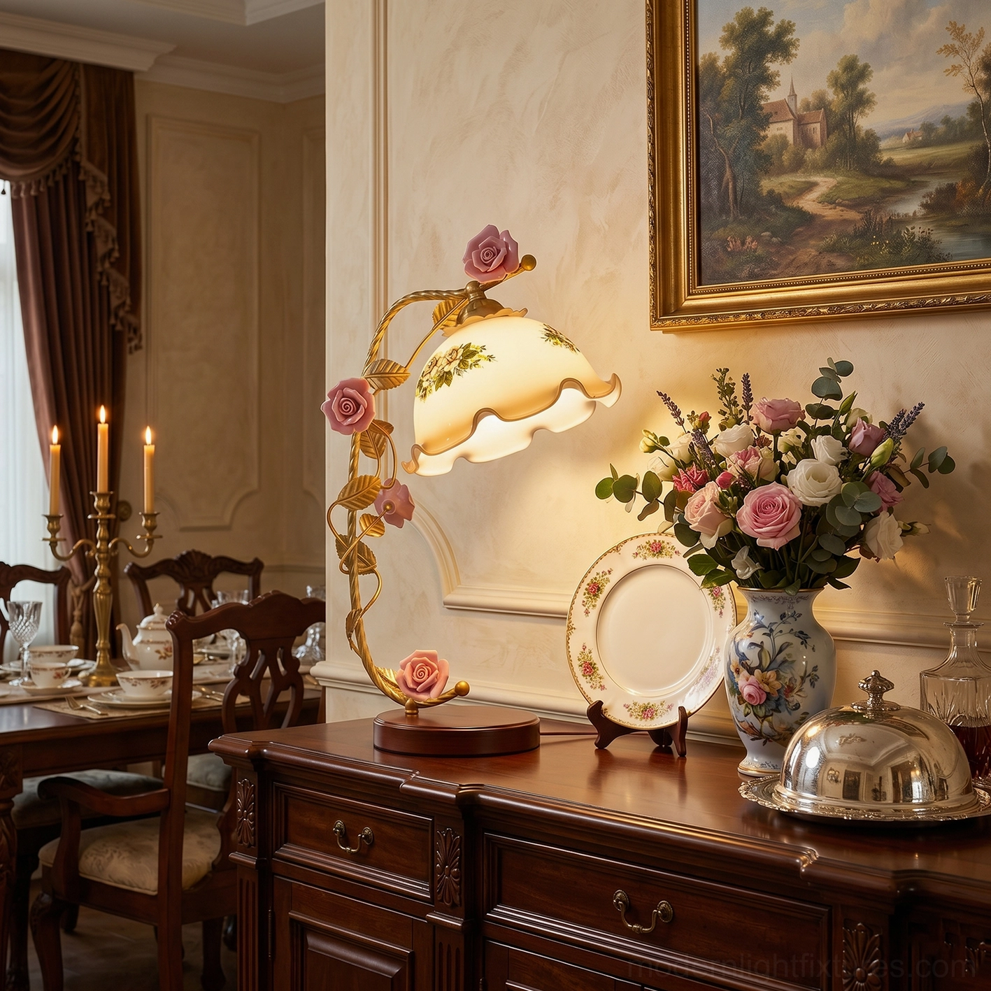 Florielle rose table lamp with gold and cognac color palette, warm romantic lighting ambiance display