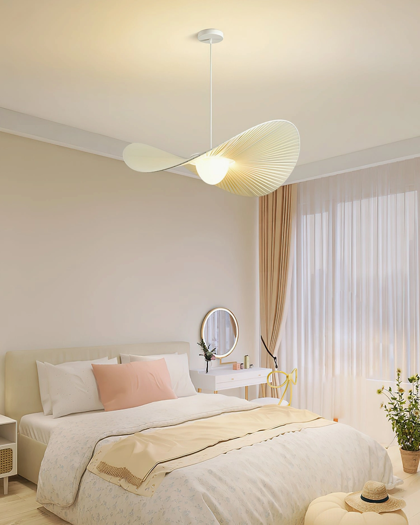 Florina pendant light installed in cozy bedroom interior creating warm ambient lighting in neutral home decor setting