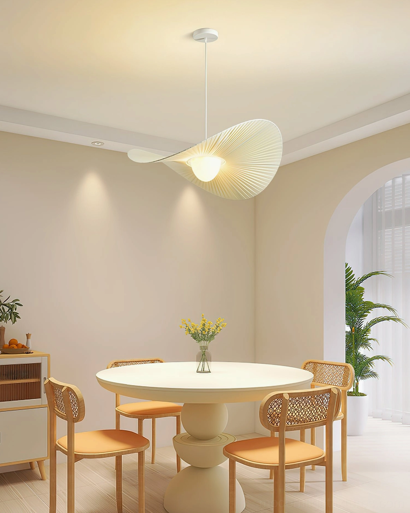 Florina modern pendant lamp installed in mid-century contemporary home environment with warm lighting and curated home decor styling