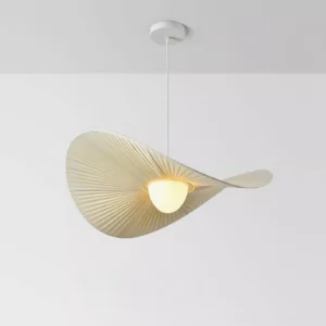 Florina ceiling pendant with frosted central bulb and warm beige pleated fabric diffuser, bottom angled perspective highlighting integrated LED design