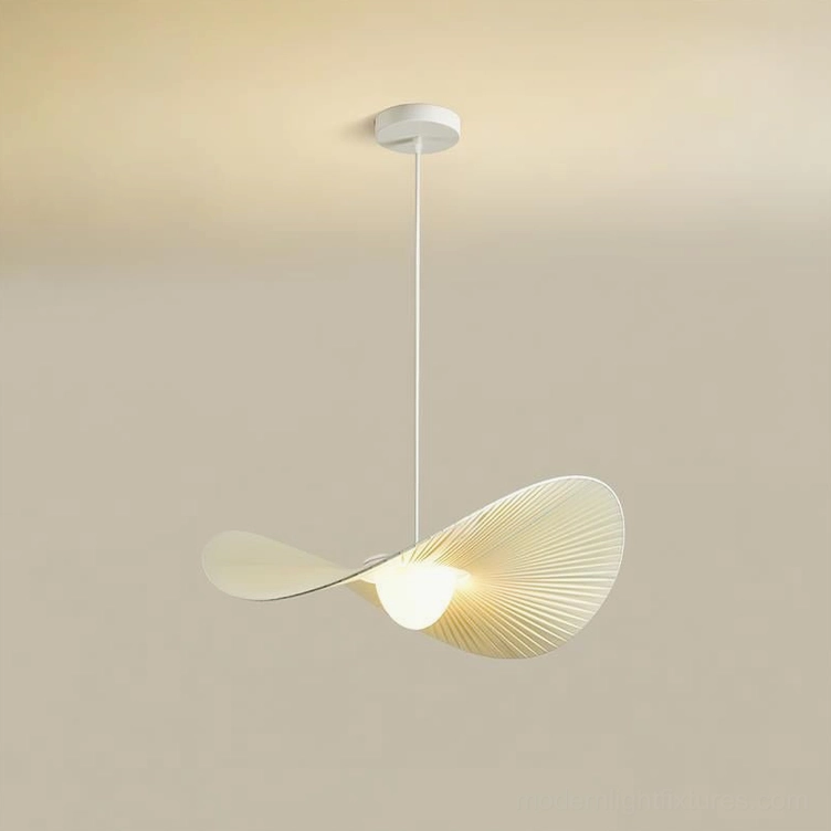 Florina contemporary pendant fixture side angled view emphasizing soft warm beige organic petal-shaped pleated design