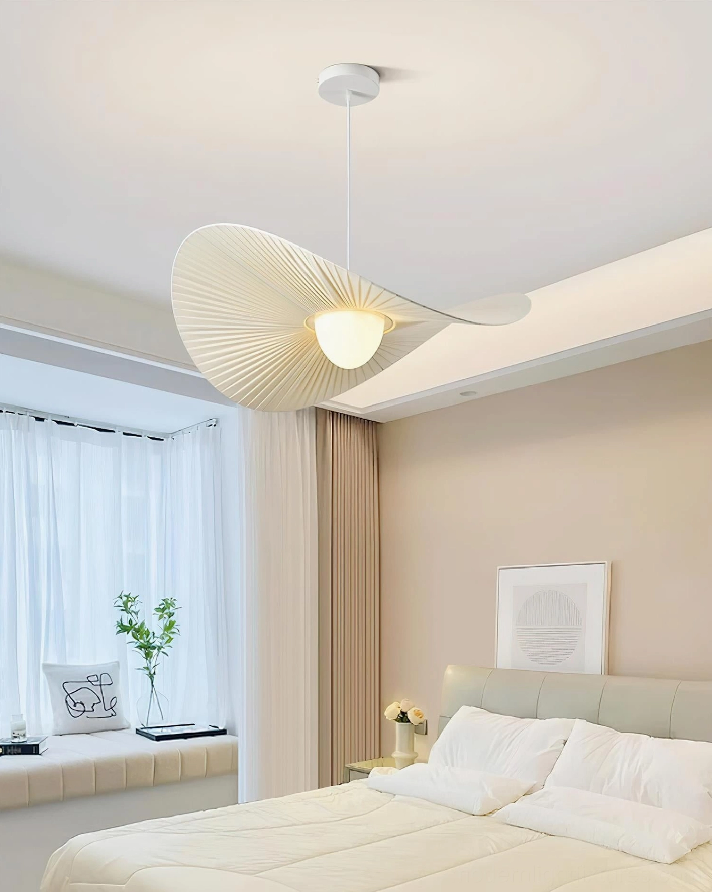 Florina contemporary pendant fixture overhead view in bedroom with window bench setup providing bright warm-toned illumination