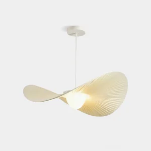 Florina modern pendant light with pleated beige fabric shade, front three-quarter view showcasing asymmetrical organic petal design and white suspension rod