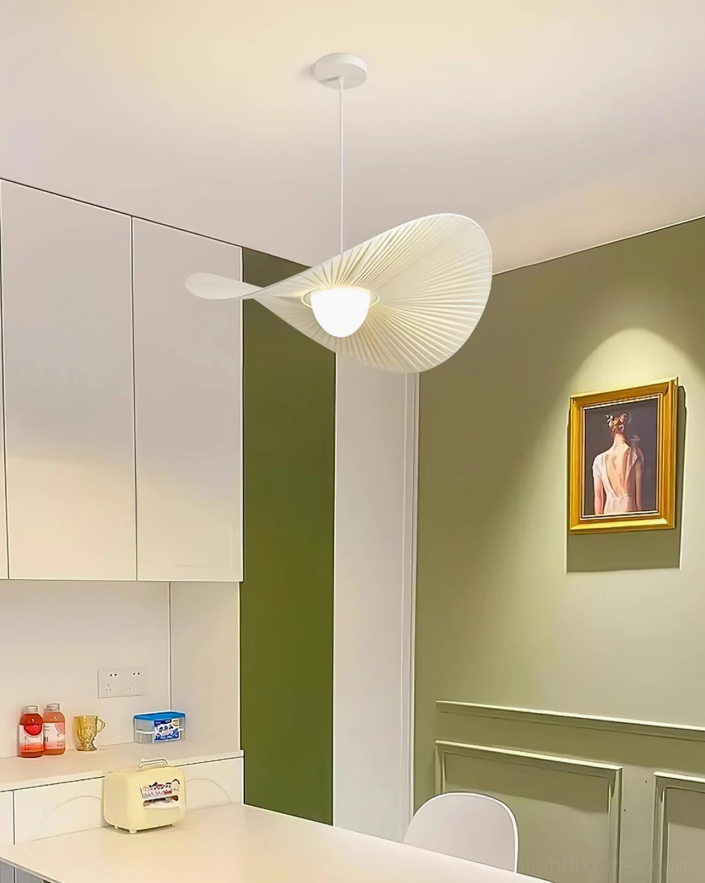 Florina modern pendant lamp close-up detail view of integrated LED technology and premium fabric shade construction quality