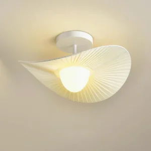 Florina ceiling light close-up detail of pleated fabric shade and frosted acrylic housing