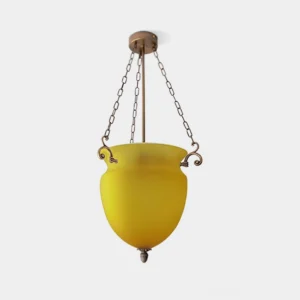 Florko yellow blown glass vintage urn pendant light with brass suspension chains and scroll hooks, studio view