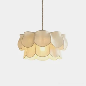 Florvane layered fabric petal pendant light with scalloped ruffled edge, studio product shot on white background, warm beige natural fabric with iron frame and wood-tone canopy
