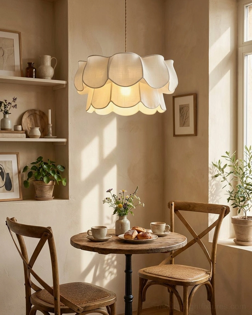 Florvane layered fabric petal pendant light size comparison and design detail, showing scalloped ruffled edges and natural fabric texture with warm white LED bulb