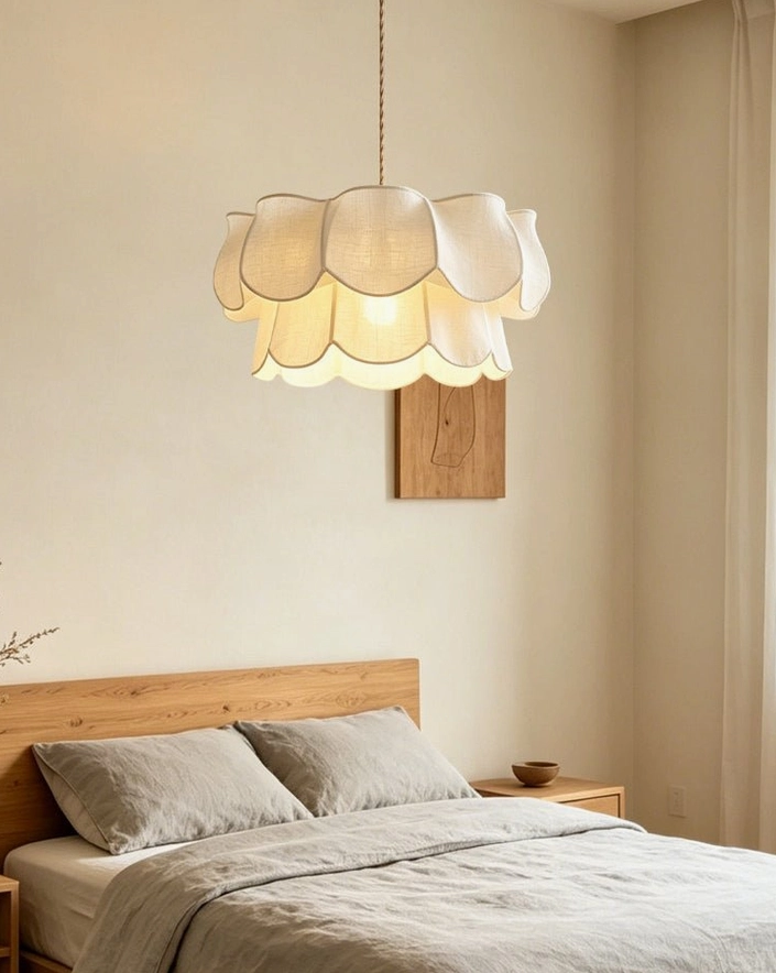 Florvane fabric petal pendant light technical specifications, E27 bulb compatibility, and warm white LED included with pendant fixture dimensions