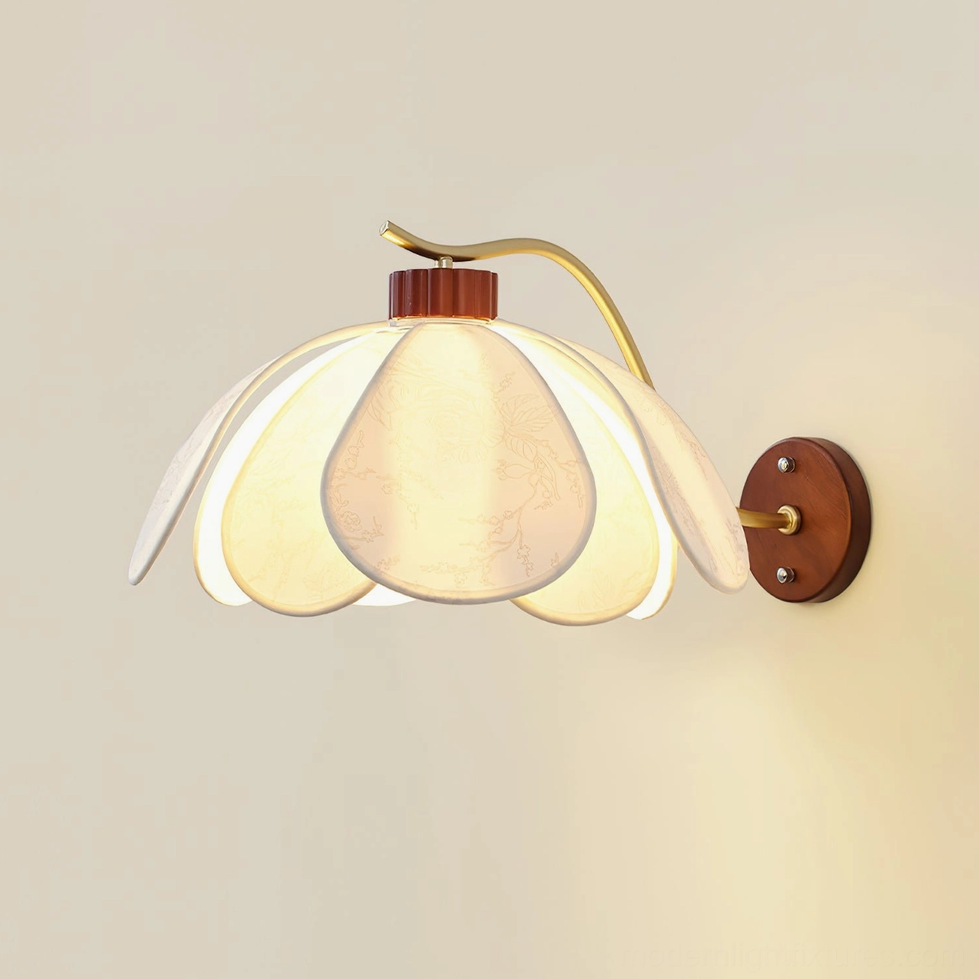 Illuminated Florvia wall lamp glowing with warm light, three-quarter perspective showing fabric shade texture and brass hardware