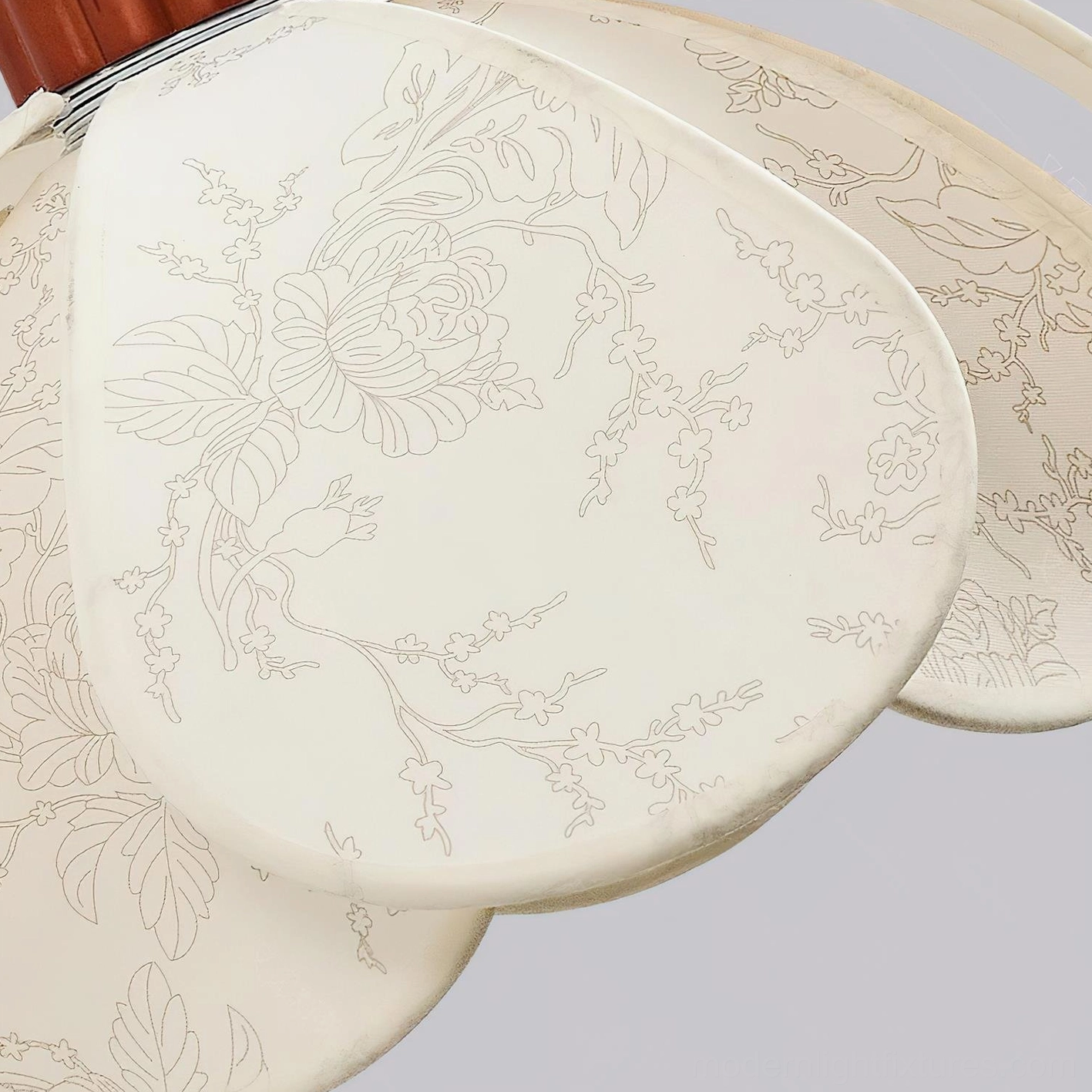 Florvia petal lampshade close-up detail, cream fabric with engraved floral pattern and vintage textile texture