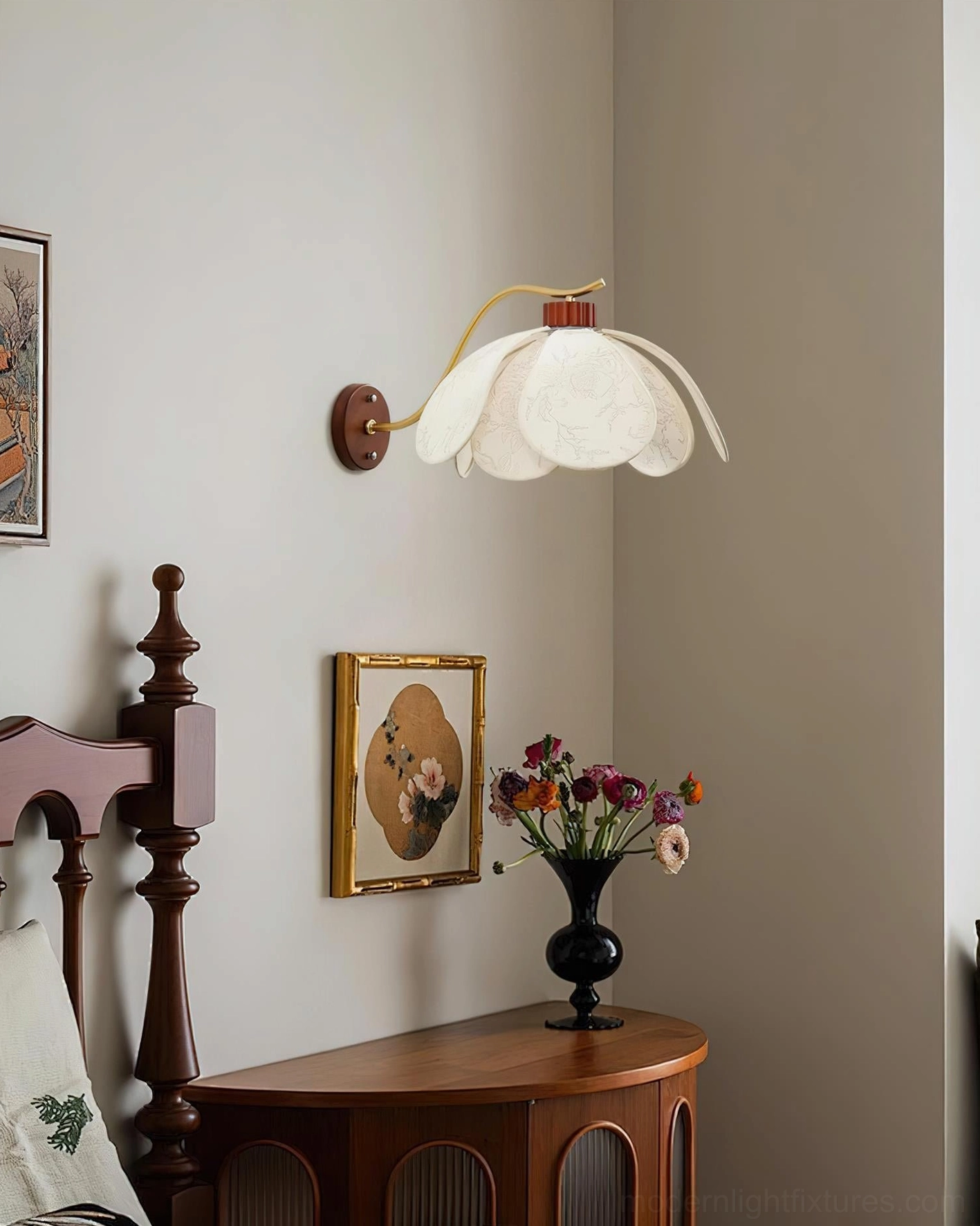 Florvia brass wall sconce mounted in vintage bedroom interior, styled with wooden furniture showing ambient lighting effect