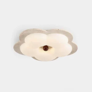Lumi Flower flush mount ceiling light close-up showing travertine stone body with five-petal acrylic diffuser and walnut wood accent on white background