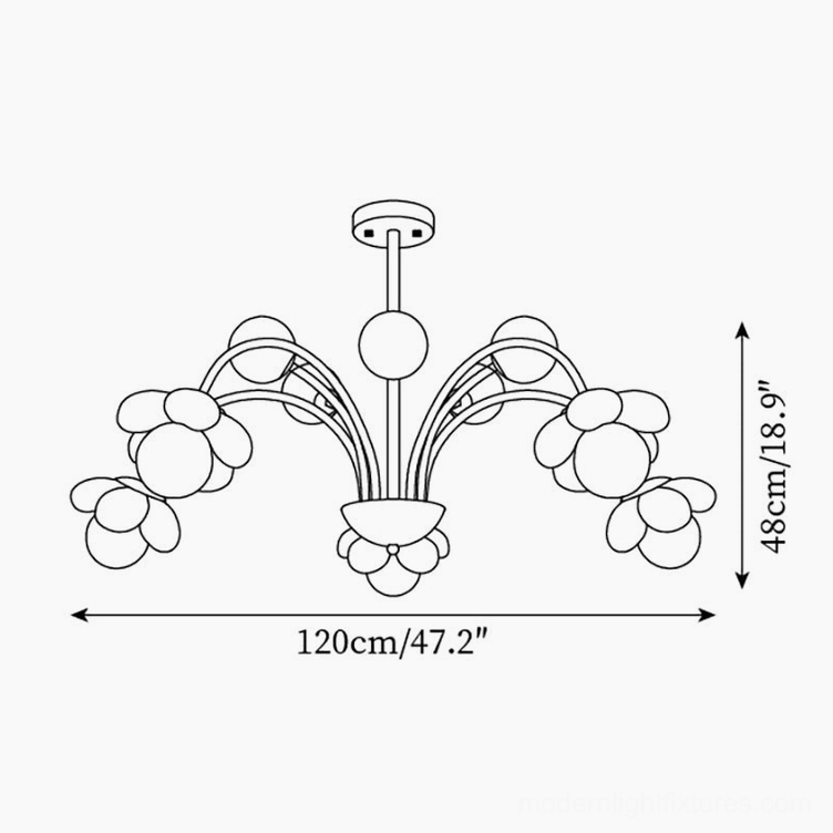 10-head flower ceiling light technical line drawing, 100cm diameter 48cm height product schematic