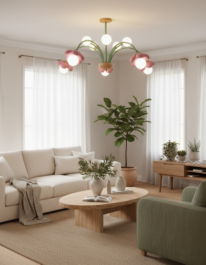 Modern flower ceiling light fixture displayed in minimalist bright living room with neutral tones