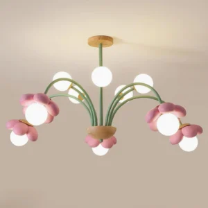 Modern flower ceiling light fixture with pink blooms and white globe bulbs, direct overhead angle with warm beige wall