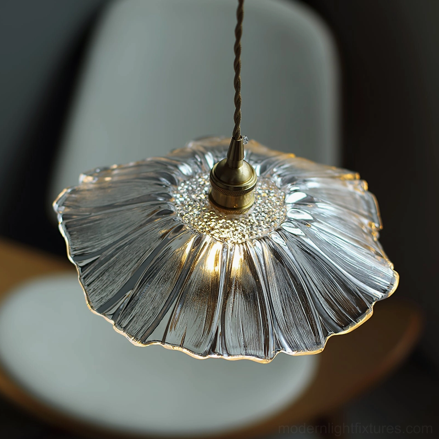 Flower glass pendant light clear shade with twisted cord and ceiling mounting hardware